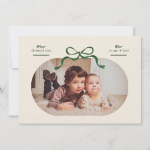 Green Bow Merriest Christmas Oval Photo Flat Feestdagenkaart