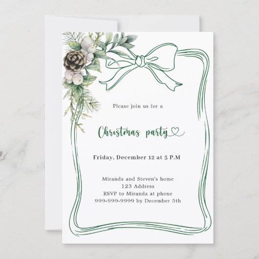 Green bow pine greenery Christmas Party Kaart (Voorkant)