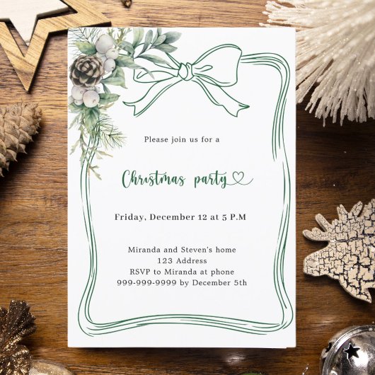 Green bow pine greenery Christmas Party Kaart