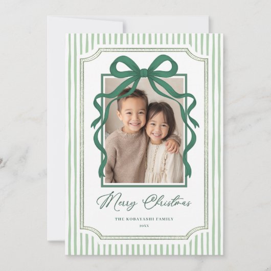 Green Bow Stripe Christmas Photo Feestdagenkaart (Voorkant)