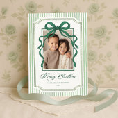 Green Bow Stripe Christmas Photo Feestdagenkaart