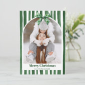 Green Bow Stripe Plaid Christmas Photo Year Review Feestdagenkaart (Staand voorkant)