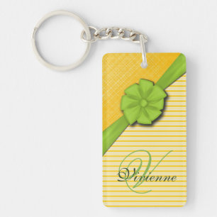 Green Bow, twee Tone Yellow Stripes Sunny Fabric Sleutelhanger