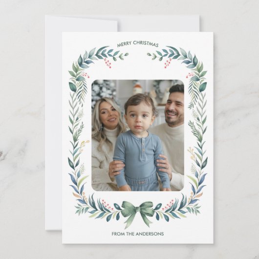 Green Bow Waterverf Krans Kerstfoto Feestdagenkaart (Voorkant)