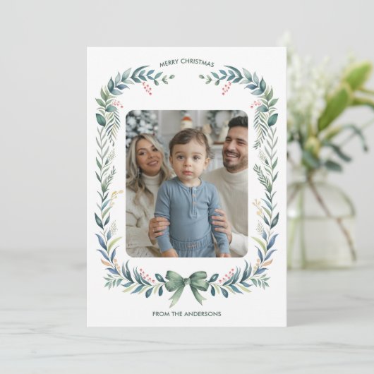 Green Bow Waterverf Krans Kerstfoto Feestdagenkaart (Staand voorkant)