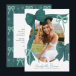 Green Bows Photo Message Graduation Announcement Kaart<br><div class="desc">This coquette graduation announcement features your photo surrounded by a hand-drawn green bows. The reverse side features your message/text on a dark green background with a bow pattern. Personalize it for your needs. You can find matching products at my store.</div>