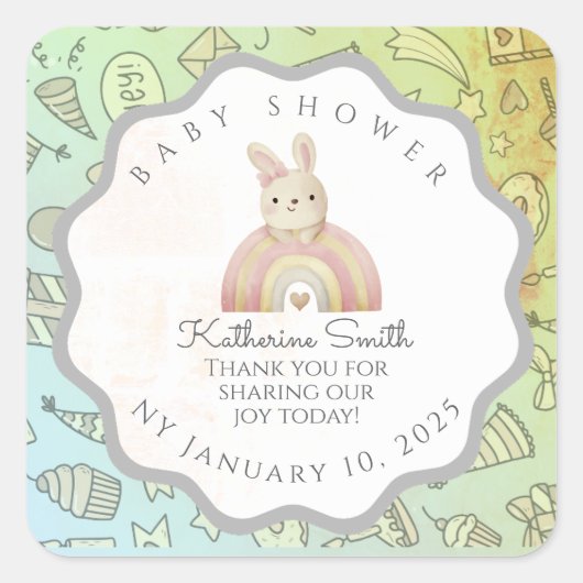 green brom grey bunny cute babyshower  vierkante sticker (Voorkant)