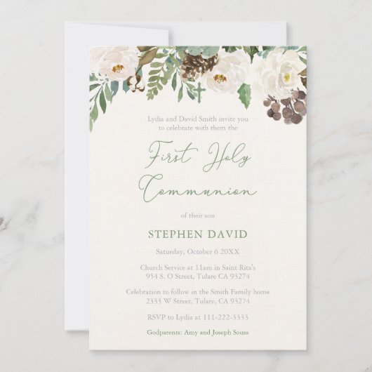 Green Brown Boy First Heilige Communion Celebratie Kaart (Voorkant)