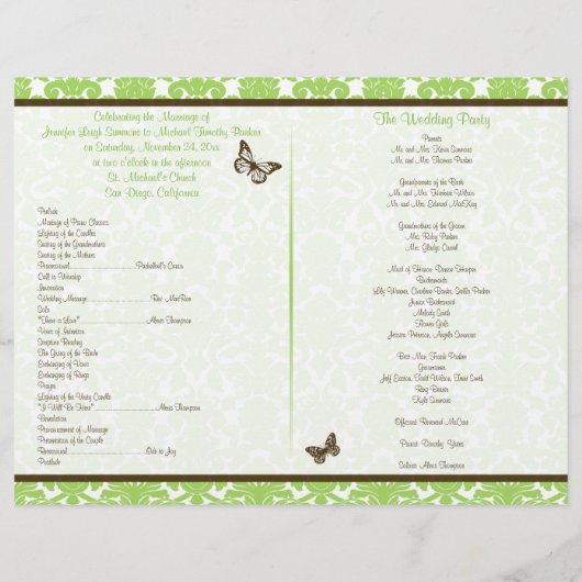 Green Brown Damask Heart Butterfly Wedding Program (Achterkant)