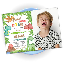 Green Brown Dinosaur Birthday Uitnodigingen met fo