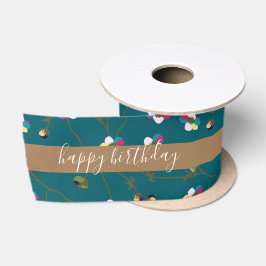 Green Brown Floral Custom Design Happy Birthday Satijnen Lint