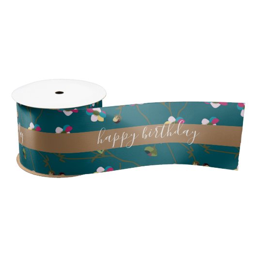 Green Brown Floral Custom Design Happy Birthday Satijnen Lint (Spoel)