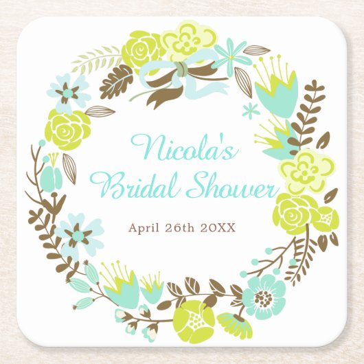 Green & Brown Floral Wreath Bridal Shower Kartonnen Onderzetters (Voorkant)
