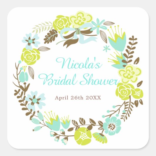 Green & Brown Floral Wreath Bridal Shower Vierkante Sticker (Voorkant)