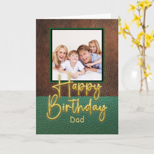 Green & Brown leather Gold Script Dad Birthday Kaart (Gele Bloem)
