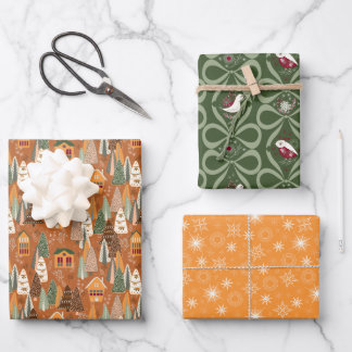 Green Brown Orange Christmas Forest Village Inpakpapier Vel