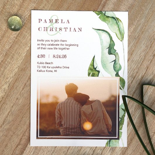 Green Brown Tropical Leaves Photo Wedding Kaart