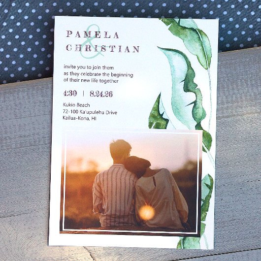 Green Brown Tropical Leaves Photo Wedding Kaart