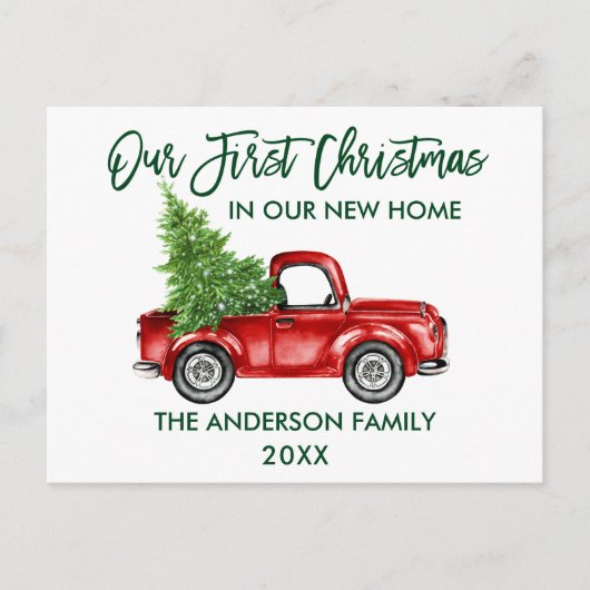Green Brusch Script First Kerstmis New Home Truck Briefkaart (Voorkant)
