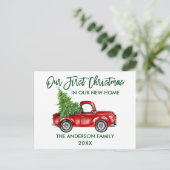 Green Brusch Script First Kerstmis New Home Truck Briefkaart (Staand voorkant)