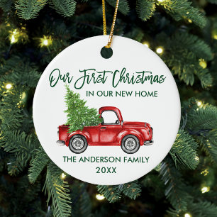 Green Brusch Script First Kerstmis New Home Truck Keramisch Ornament