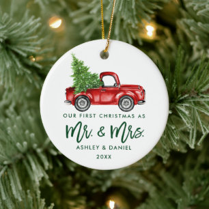 Green Brusch Script First Kerstmis Vintage Truck Keramisch Ornament