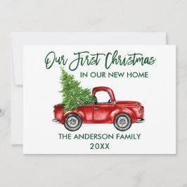 Green Brush Script First Kerstmis New Home Truck Feestdagenkaart