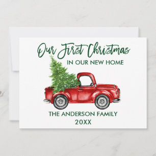 Green Brush Script First Kerstmis New Home Truck Feestdagenkaart