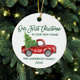 Green Brush Script First Kerstmis New Home Truck Keramisch Ornament