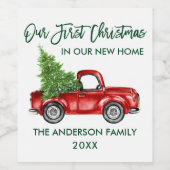 Green Brush Script First Kerstmis New Home Truck Wijn Etiket (Enkel label)