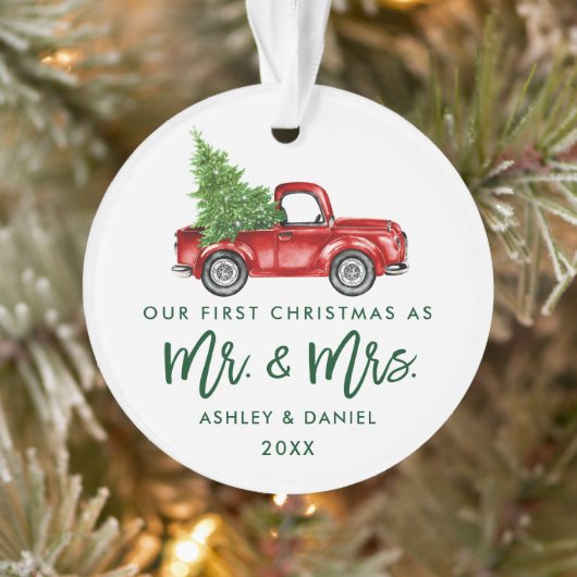 Green Brush Script First Kerstmis  Truck Ornament (Boom)