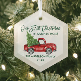 Green Brush Script Kerstmis Nieuw Home Red Truck Glas Ornament