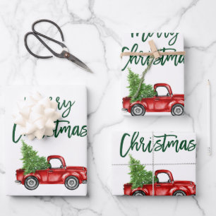 Green Brush Script Kerstmis Red Truck Inpakpapier Vel