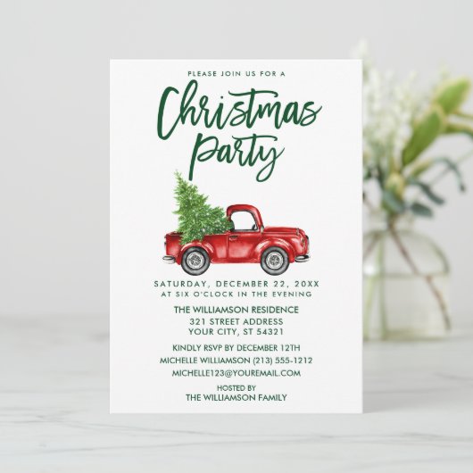 Green Brush Script Pset Truck Kerstparty Kaart (Staand voorkant)