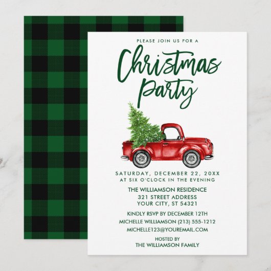 Green Brush Script Pset Truck Kerstparty Kaart (Voorkant / Achterkant)