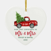 Green Brush Script Red Truck First Kerstmis Keramisch Ornament (Voorkant)