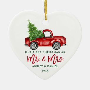 Green Brush Script Red Truck First Kerstmis Keramisch Ornament