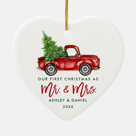 Green Brush Script Red Truck First Kerstmis Keramisch Ornament (Achterkant)