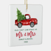 Green Brush Script Red Truck First Kerstmis Sq Keramisch Ornament (Rechts)