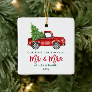 Green Brush Script Red Truck First Kerstmis Sq Keramisch Ornament