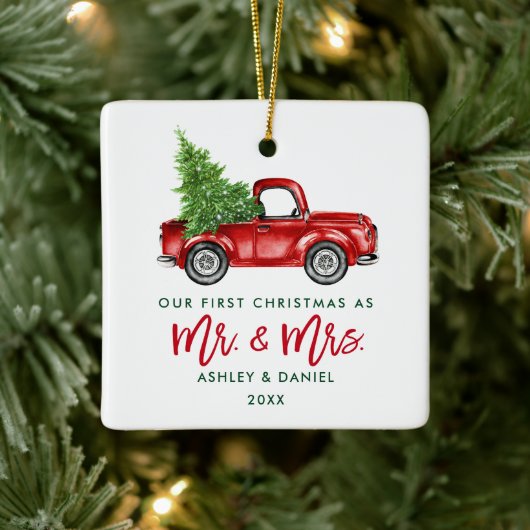 Green Brush Script Red Truck First Kerstmis Sq Keramisch Ornament (Boom)