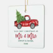 Green Brush Script Red Truck First Kerstmis Sq Keramisch Ornament (Links)