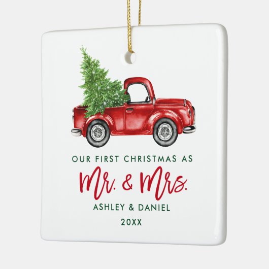 Green Brush Script Red Truck First Kerstmis Sq Keramisch Ornament (Links)