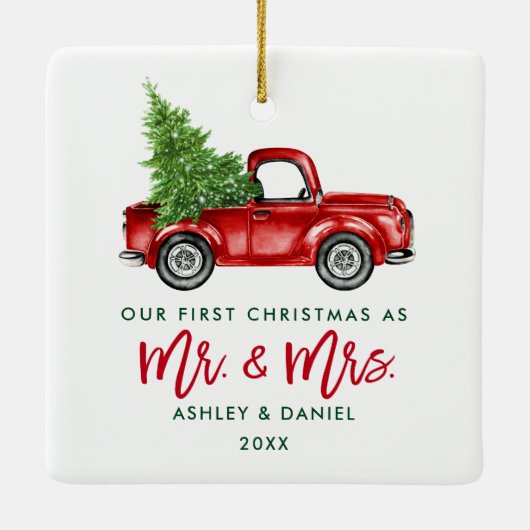 Green Brush Script Red Truck First Kerstmis Sq Keramisch Ornament (Achterkant)