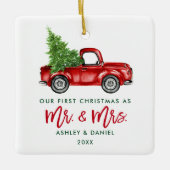 Green Brush Script Red Truck First Kerstmis Sq Keramisch Ornament (Voorkant)