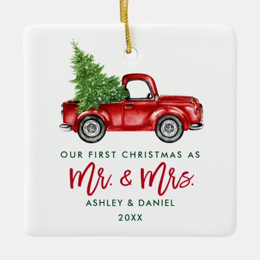 Green Brush Script Red Truck First Kerstmis Sq Keramisch Ornament (Voorkant)