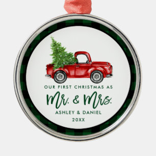 Green Brush Script Truck First Kerstmis Pset Metalen Ornament