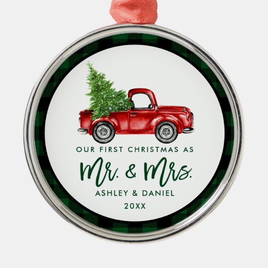 Green Brush Script Truck First Kerstmis Pset Metalen Ornament (Voorkant)