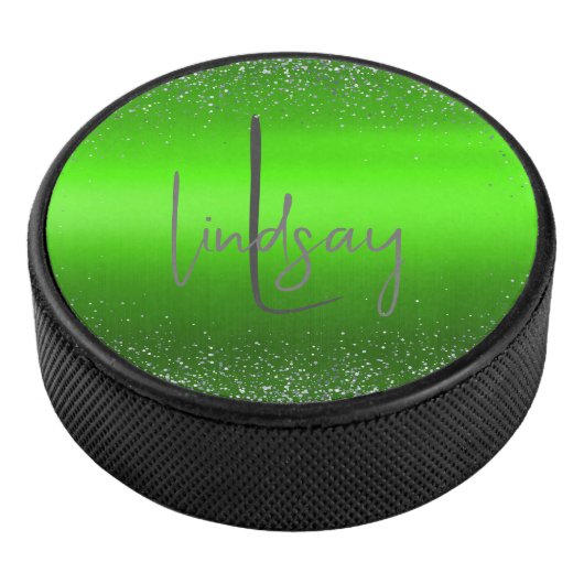 Green Brushed Metal Glitter Monogram Eenvoudig| Hockey Puck (3/4)