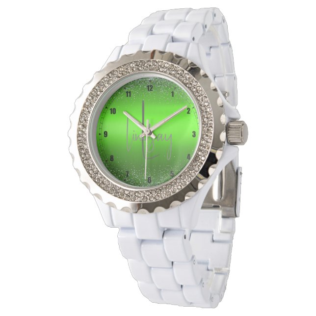 Green Brushed Metal Glitter Monogram Eenvoudig | Horloge (Gekanteld)
